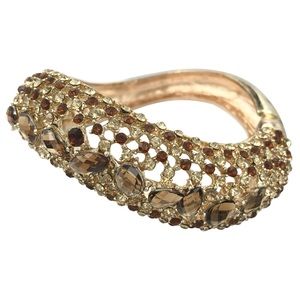 Brown Topaz Rhinestone Bling Fancy Funky Curved Gold Hinged Bangle Bracelet